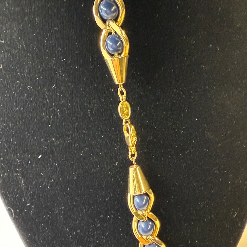 Napier Necklace 24 Inches Dark Blue Beaded Chunky Gold Tone Vintage Signed - Picture 6 of 8
